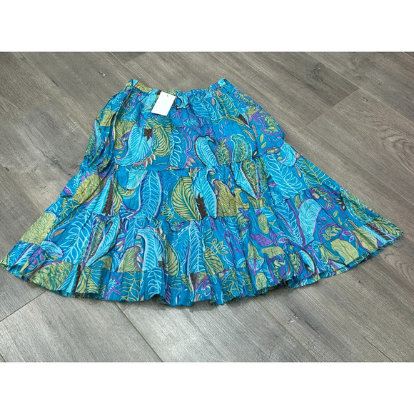 Raj Womens Blue Cotton Leaf Print Elastic Waist Midi Skirt Boho One Size NWT - Picture 6 of 7
